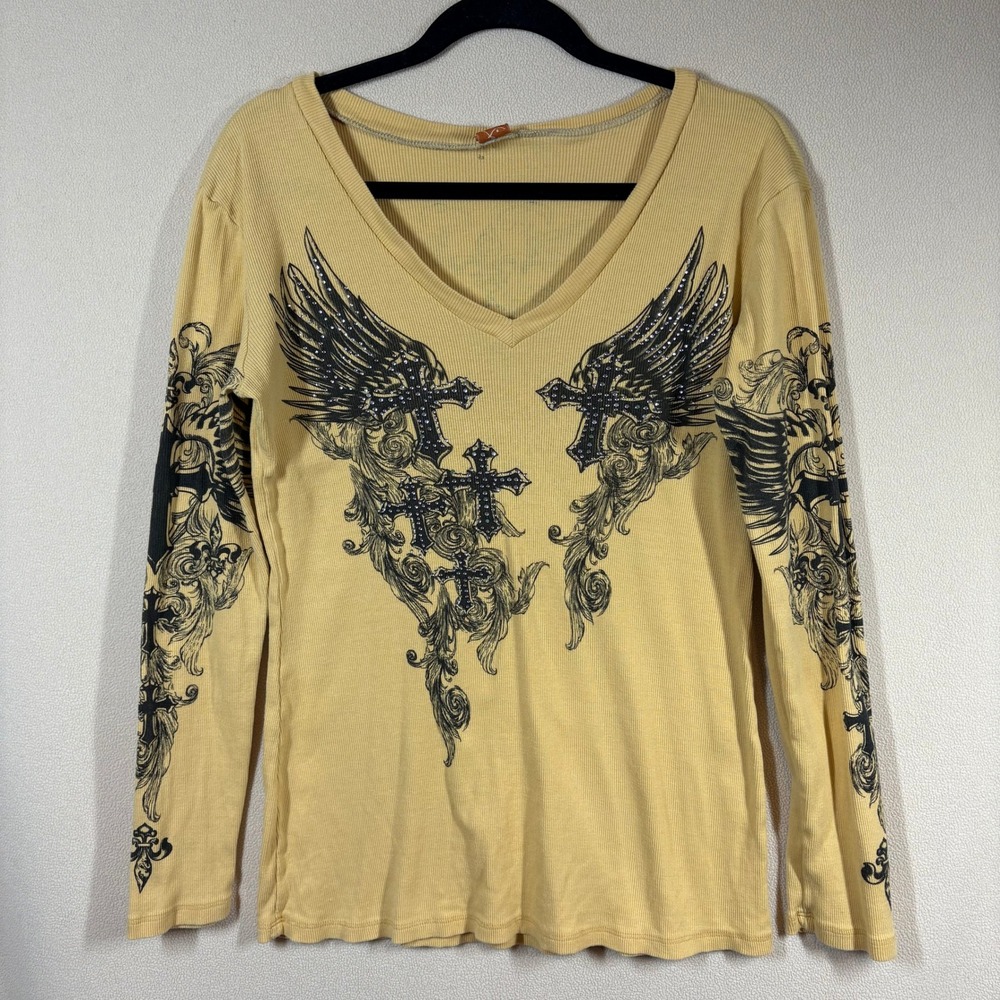 VTG Y2K R. Rouge Ribbed Top Sz L Yellow Rhinestone Angel Wing Cross‎ Grunge Goth